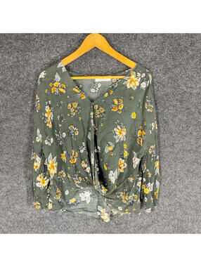 Mod On Trend Button Up Top Women M Medium Gray Floral V-Neck Long Sleeve Rayon